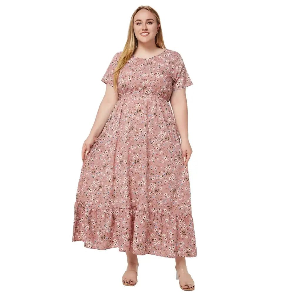 Plus Size Boho Floral Dress - O-Neck with Pockets