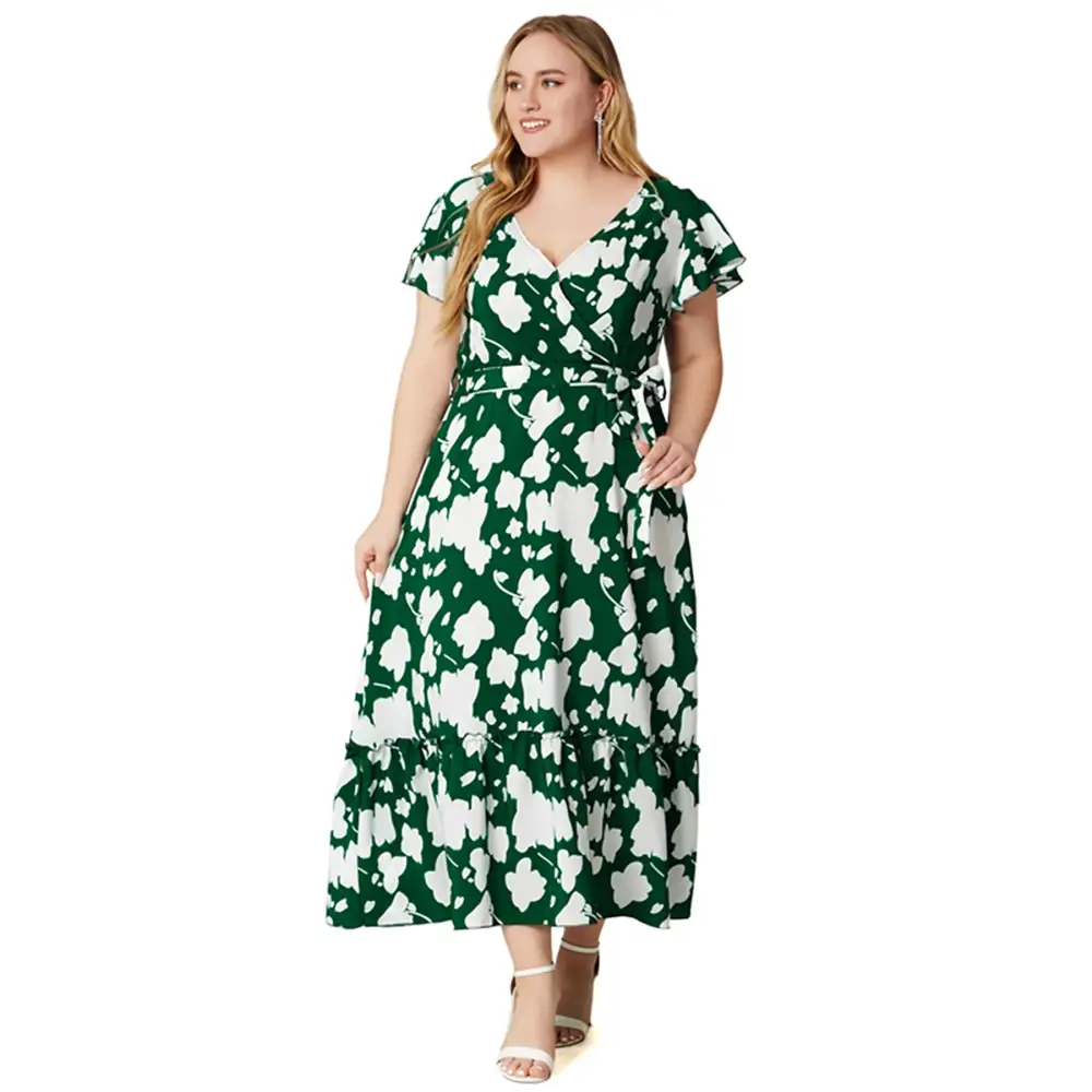 Plus Size Boho Floral Maxi Dress - V-Neck & Sash Tie