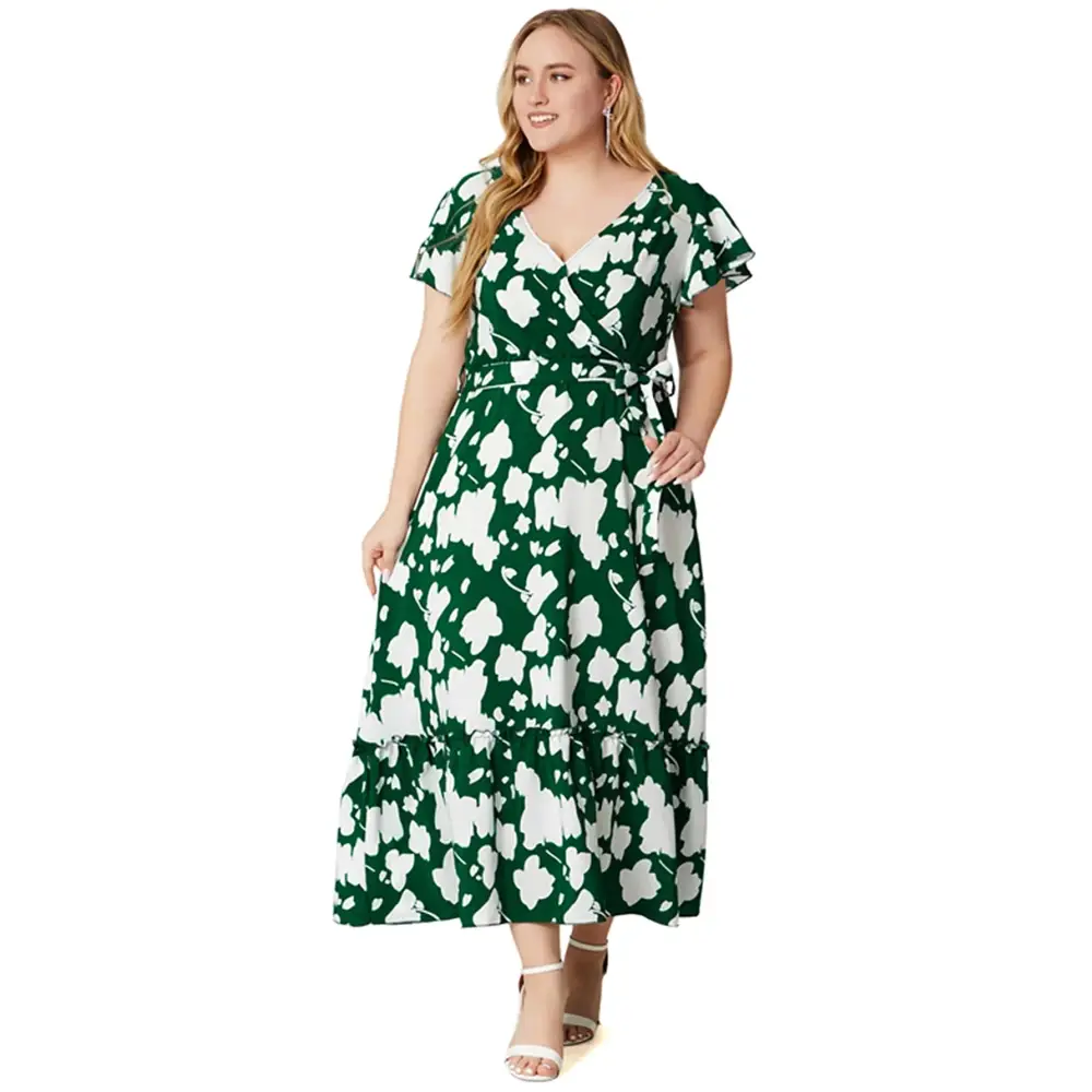 Plus Size Boho Floral Maxi Dress - V-Neck & Sash Tie