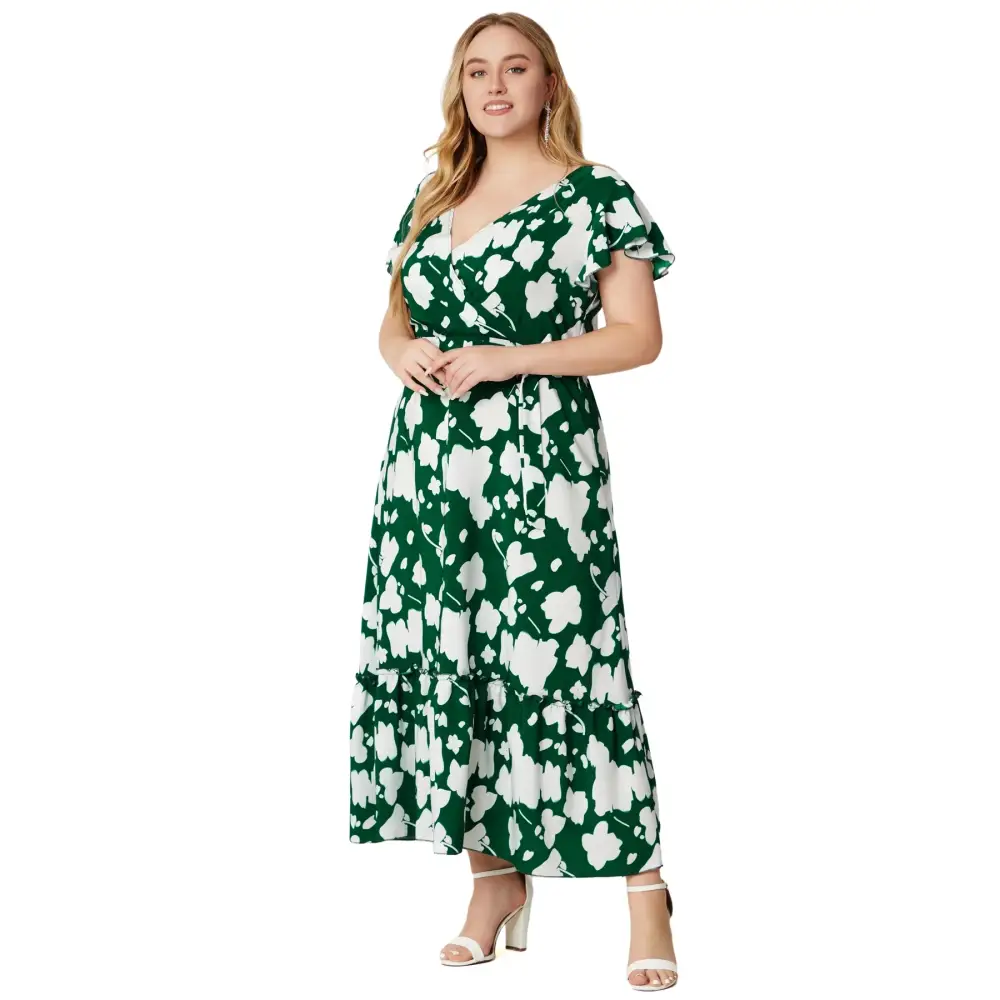 Plus Size Boho Floral Maxi Dress - V-Neck & Sash Tie
