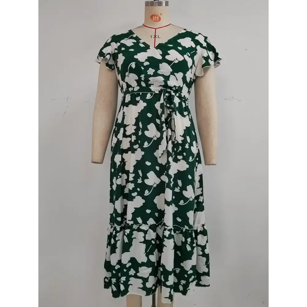 Plus Size Boho Floral Maxi Dress - V-Neck & Sash Tie