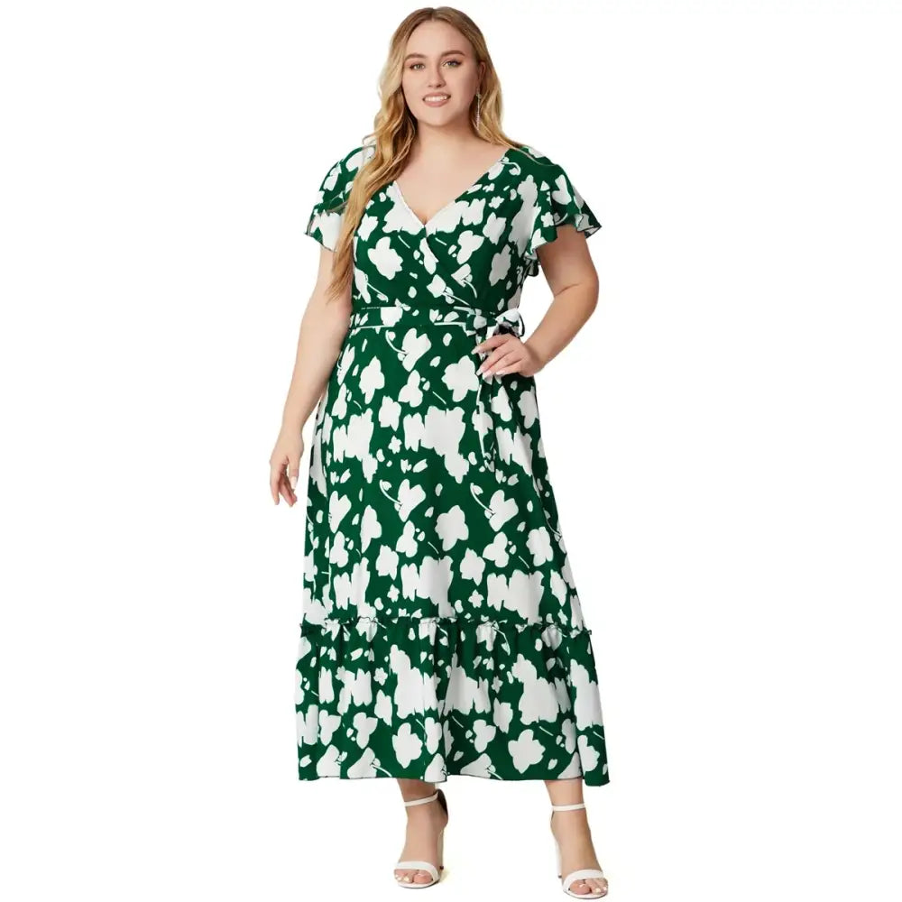 Plus Size Boho Floral Maxi Dress - V-Neck & Sash Tie
