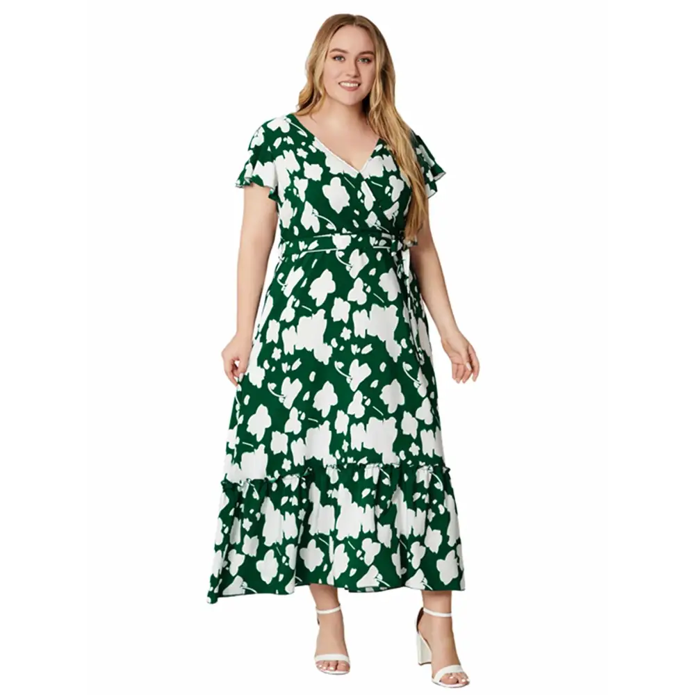 Plus Size Boho Floral Maxi Dress - V-Neck & Sash Tie