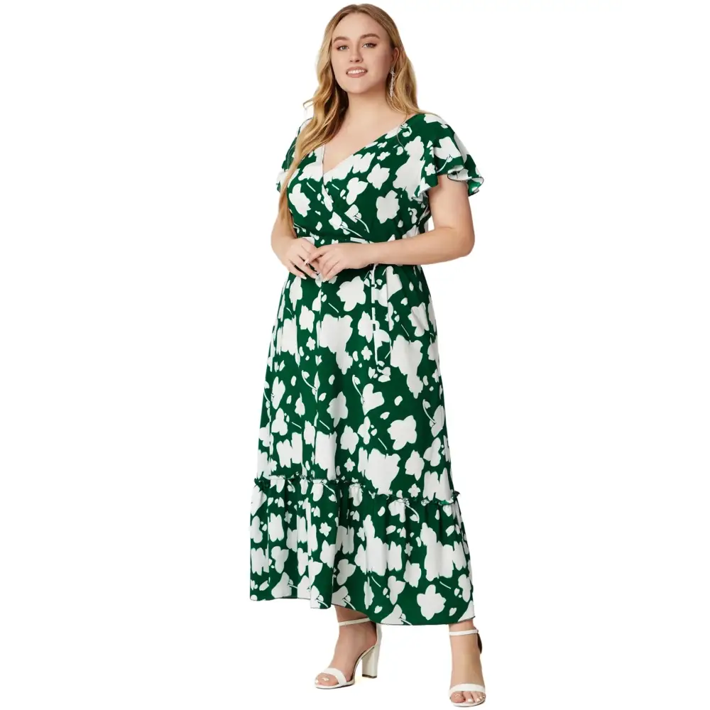 Plus Size Boho Floral Maxi Dress - V-Neck & Sash Tie