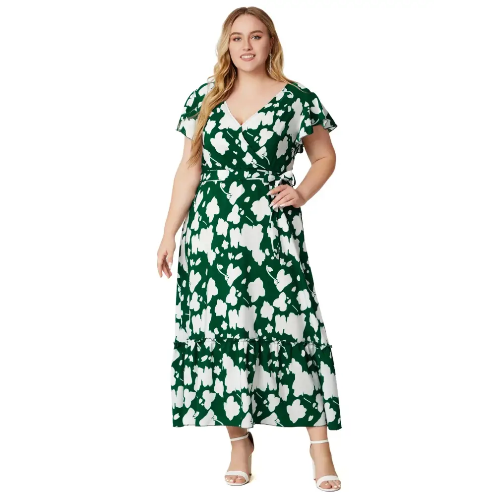 Plus Size Boho Floral Maxi Dress - V-Neck & Sash Tie