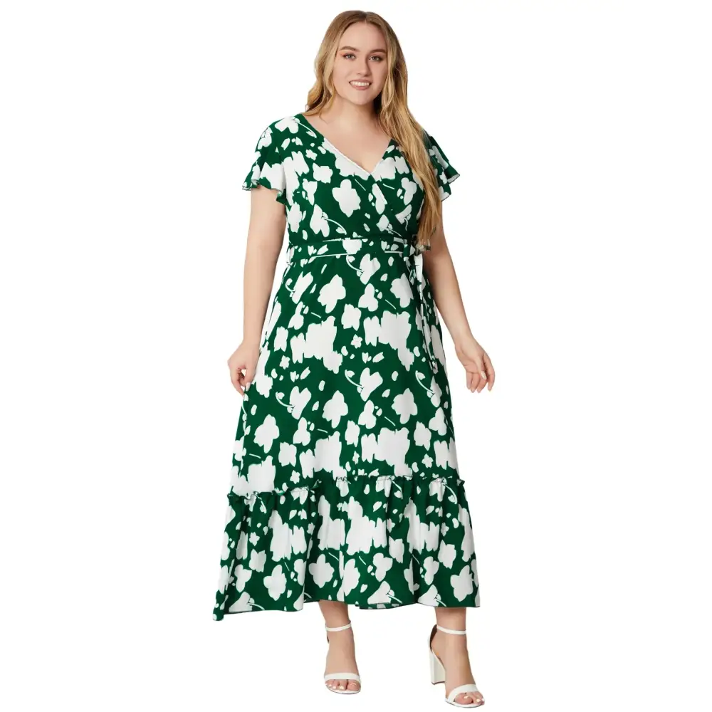 Plus Size Boho Floral Maxi Dress - V-Neck & Sash Tie