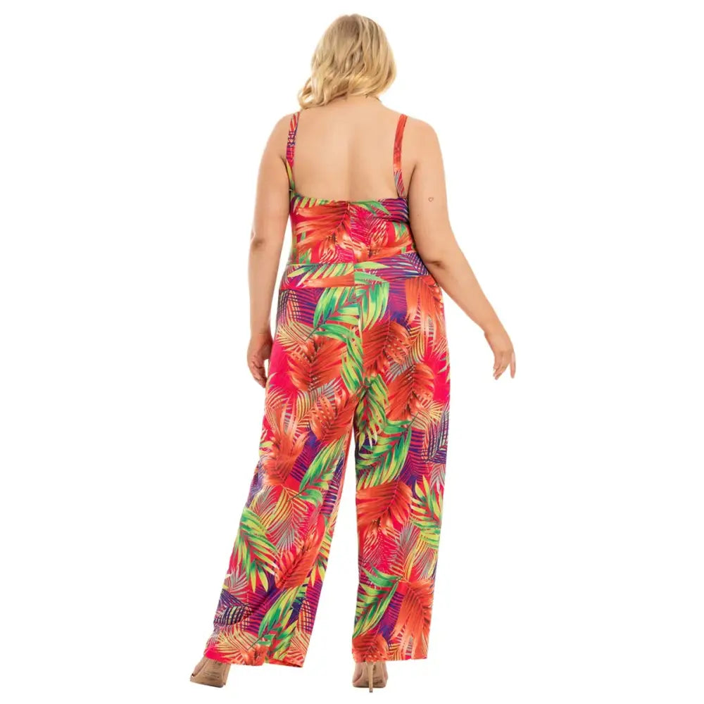 Plus Size Boho Floral Jumpsuit - Sleeveless V-Neck & Wide Leg