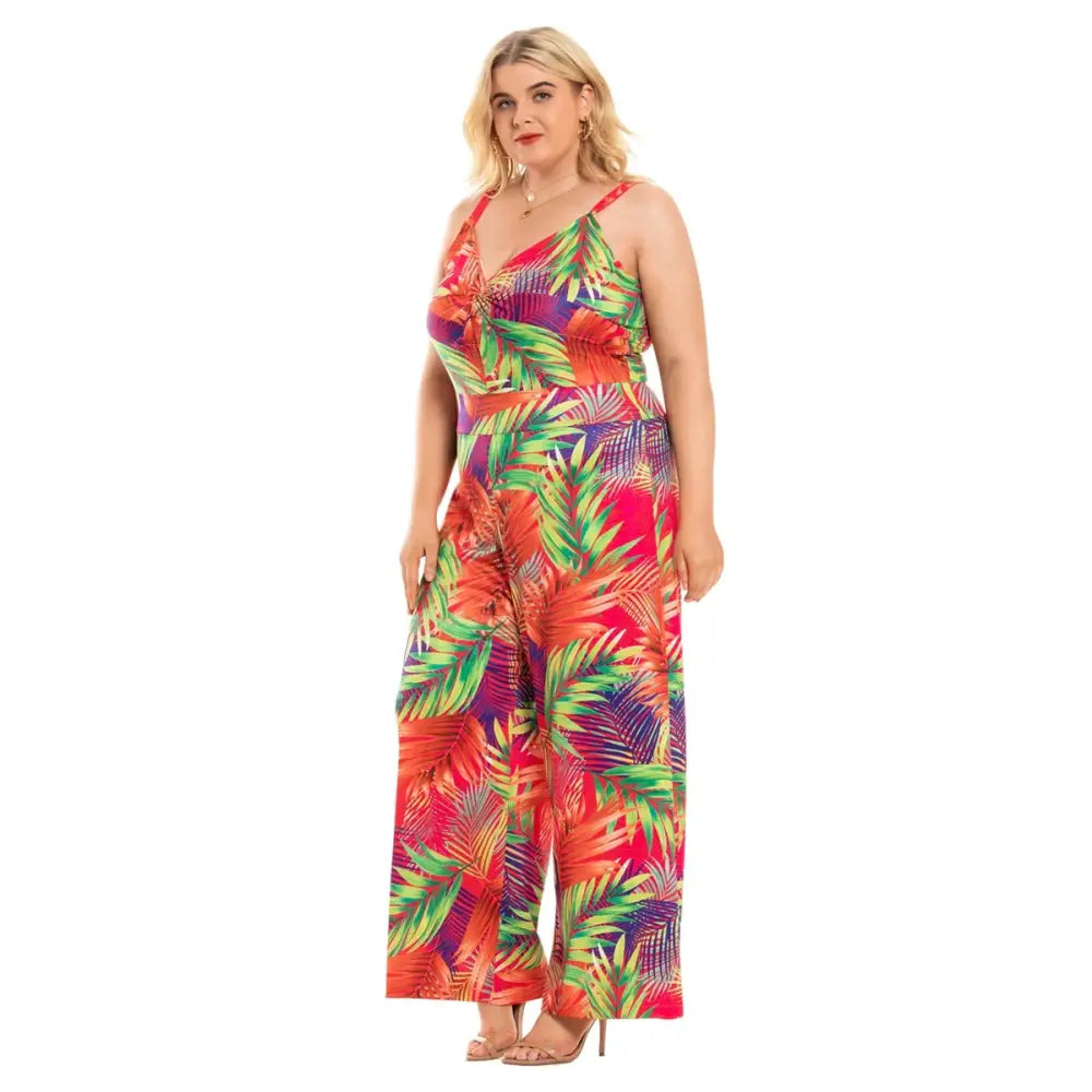 Plus Size Boho Floral Jumpsuit - Sleeveless V-Neck & Wide Leg