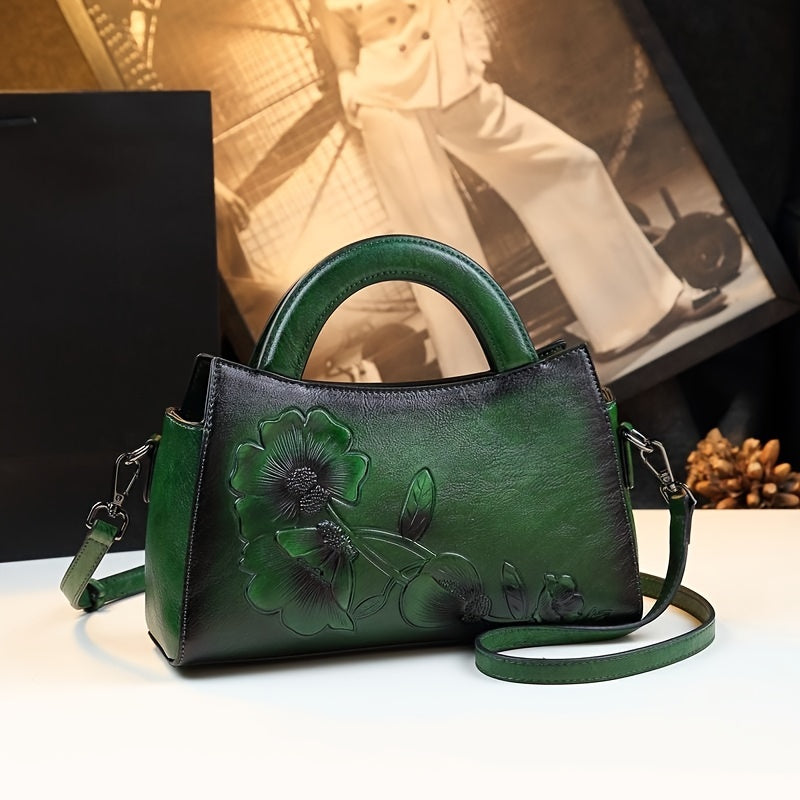 BD™ | The Eirenvy | Vintage Green Leather Satchel with Floral Embossing
