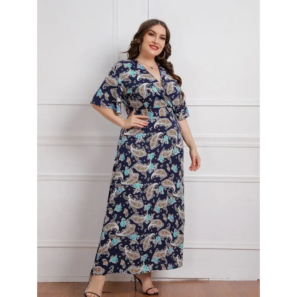Plus Size Boho Floral Dress - Viscose V-Neck Summer Dress