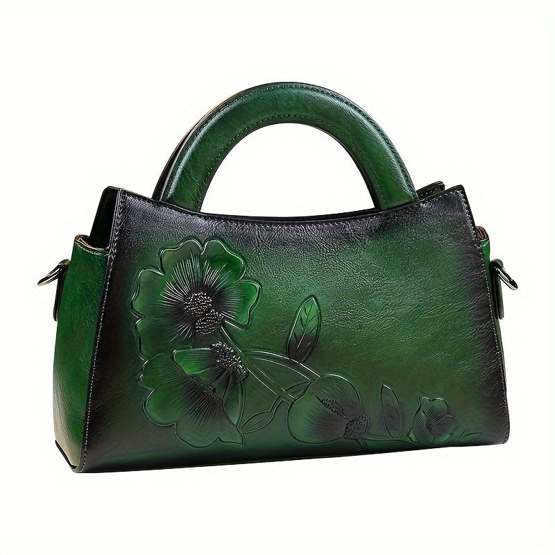 BD™ | The Eirenvy | Vintage Green Leather Satchel with Floral Embossing