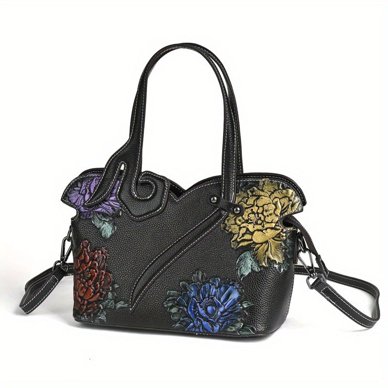 BD™ | The Bellvara | Sculpted Floral Leather Tote with Multicolour Embossing