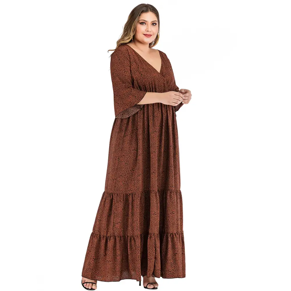 Plus Size Leopard Maxi Dress - V-Neck & Flare Sleeves