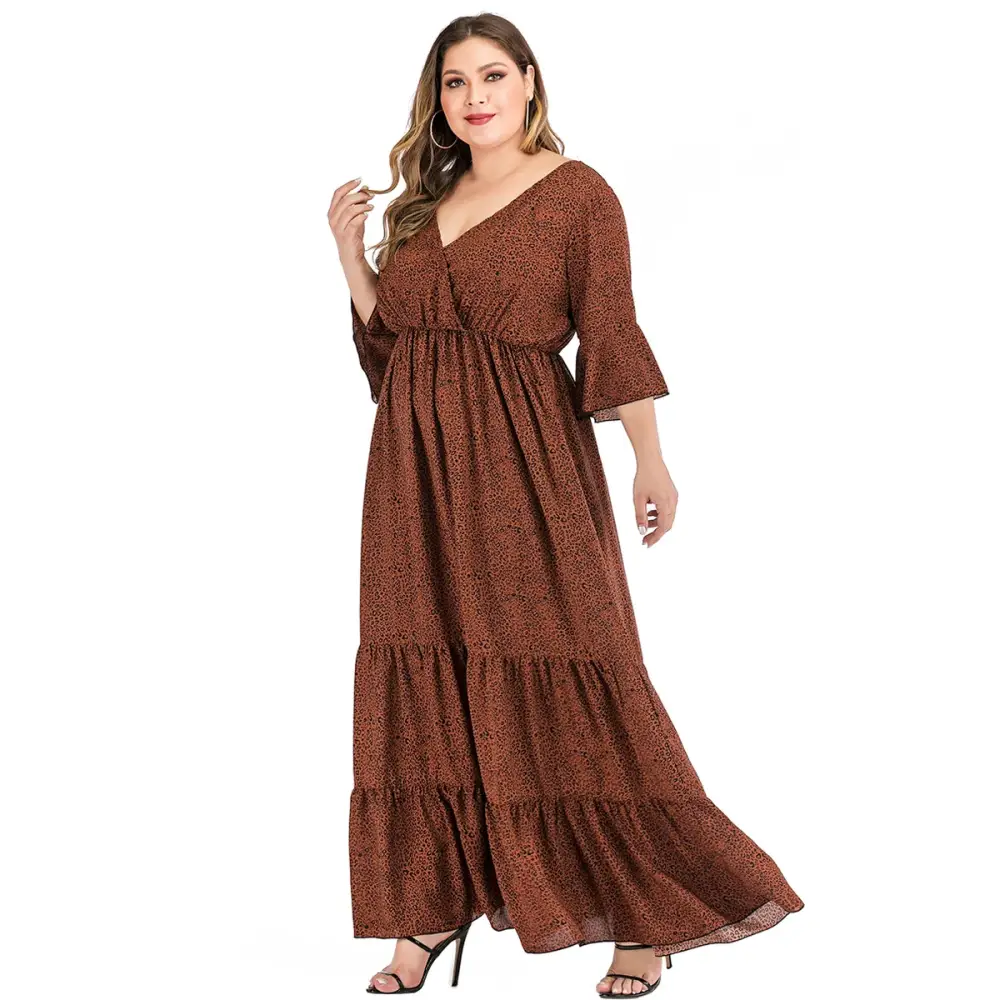 Plus Size Leopard Maxi Dress - V-Neck & Flare Sleeves