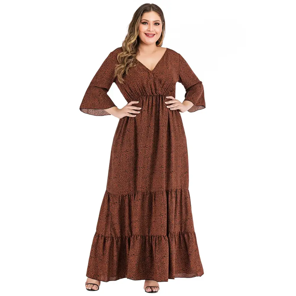 Plus Size Leopard Maxi Dress - V-Neck & Flare Sleeves
