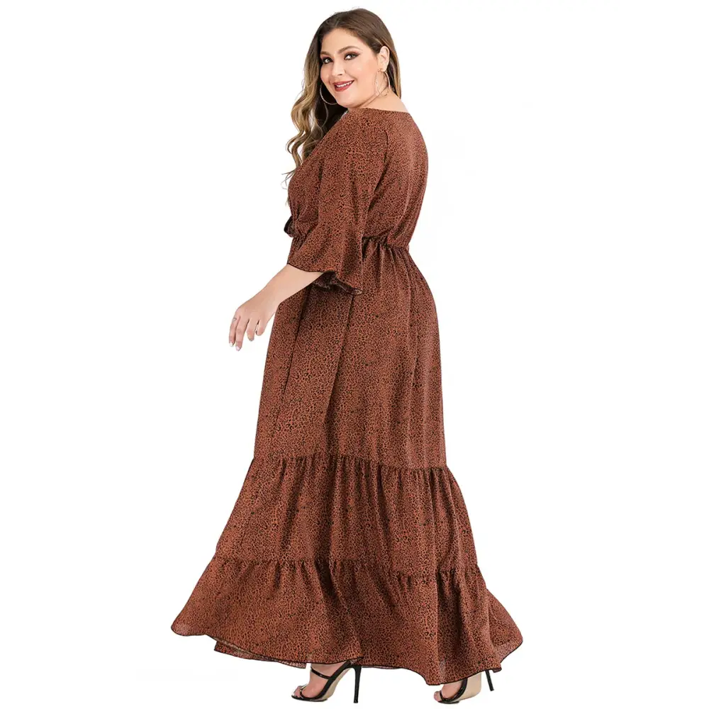 Plus Size Leopard Maxi Dress - V-Neck & Flare Sleeves