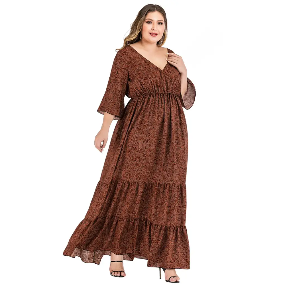 Plus Size Leopard Maxi Dress - V-Neck & Flare Sleeves