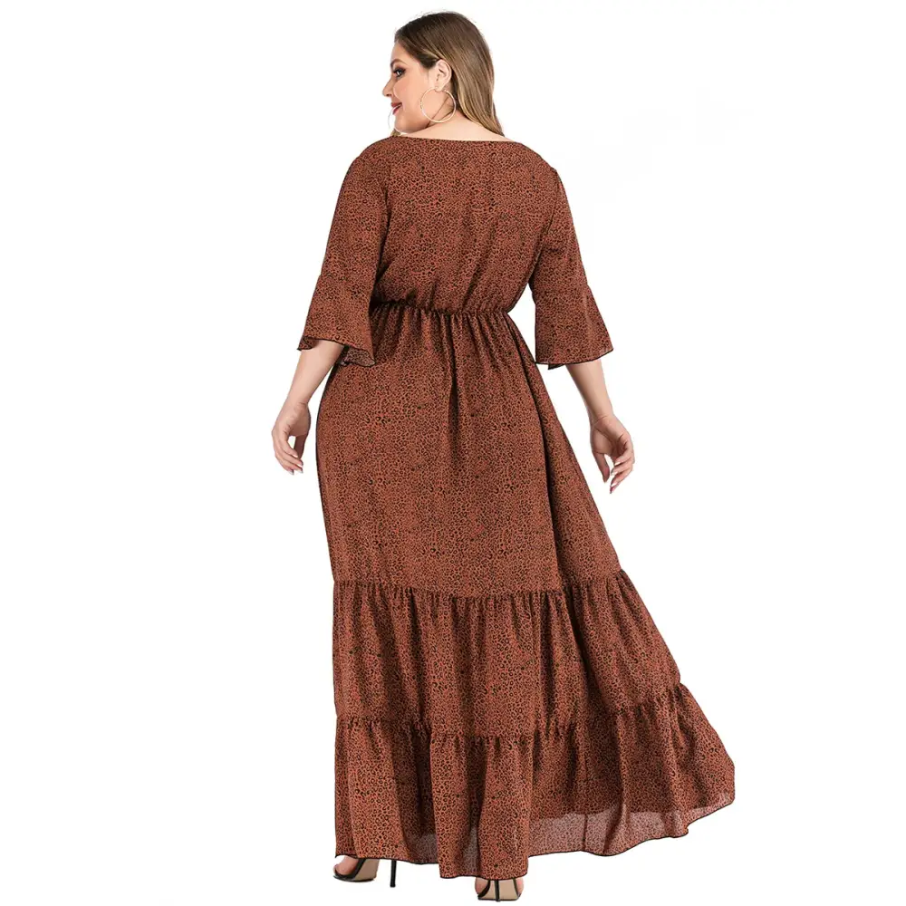 Plus Size Leopard Maxi Dress - V-Neck & Flare Sleeves