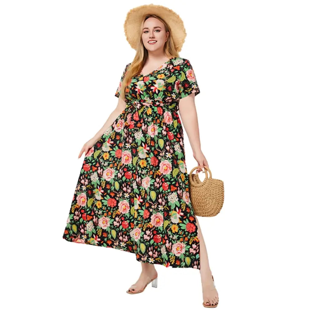 Plus Size Boho Floral Dress - V-Neck & Sash Detail