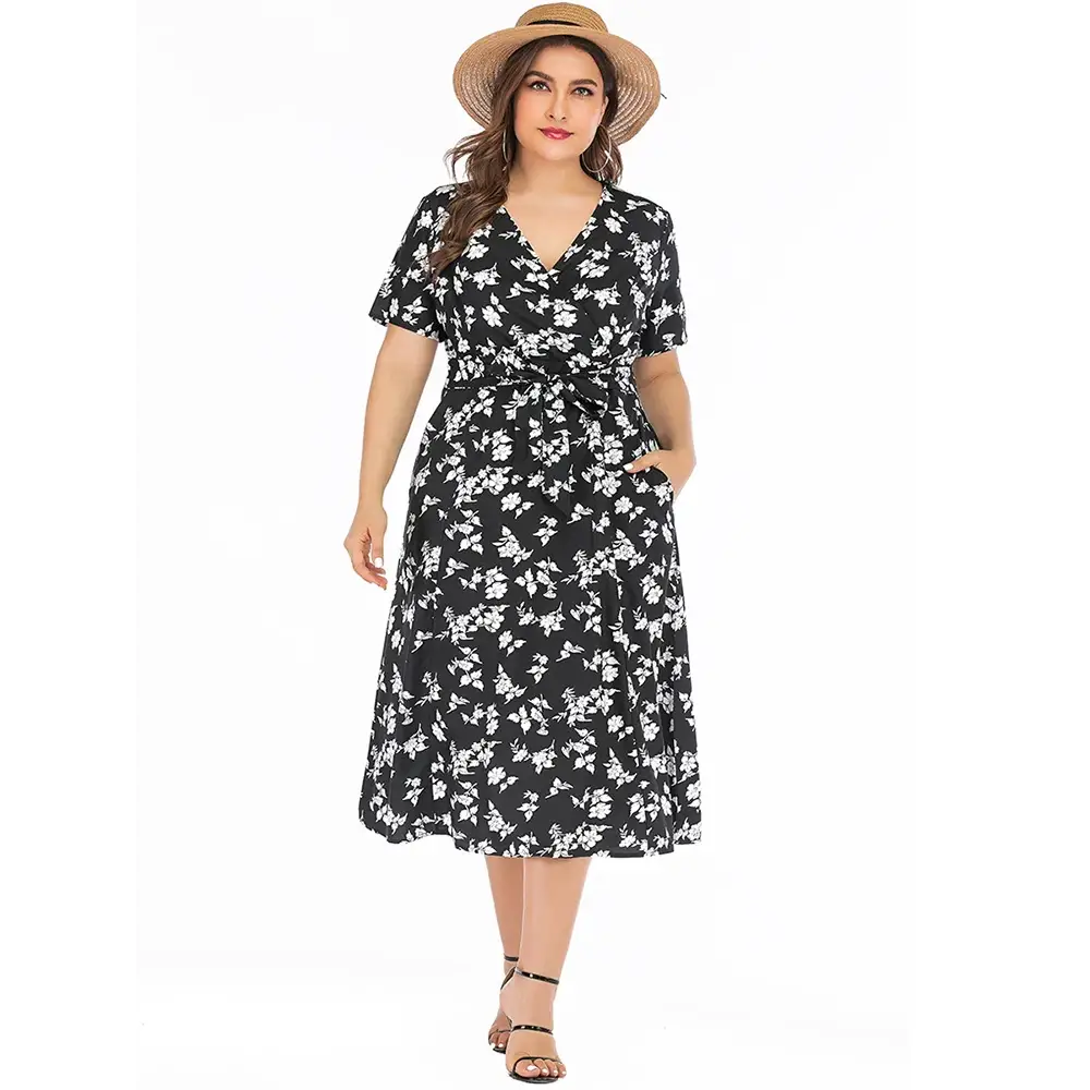Plus Size Floral Maxi Dress - V-Neck with Pockets