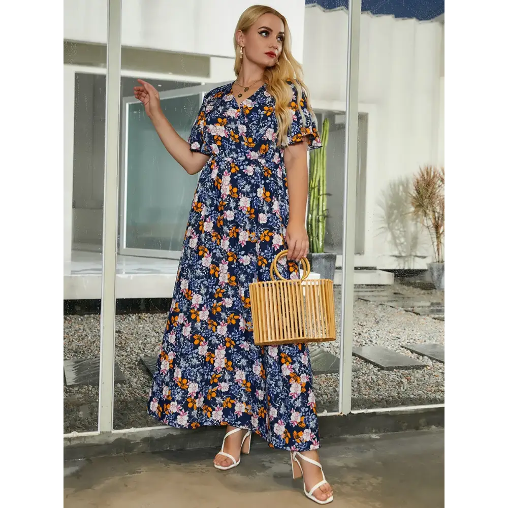 Plus Size Boho Floral Maxi Dress - V-Neck & Flare Sleeves