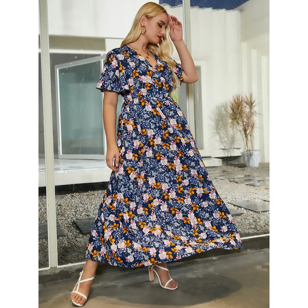 Plus Size Boho Floral Maxi Dress - V-Neck & Flare Sleeves