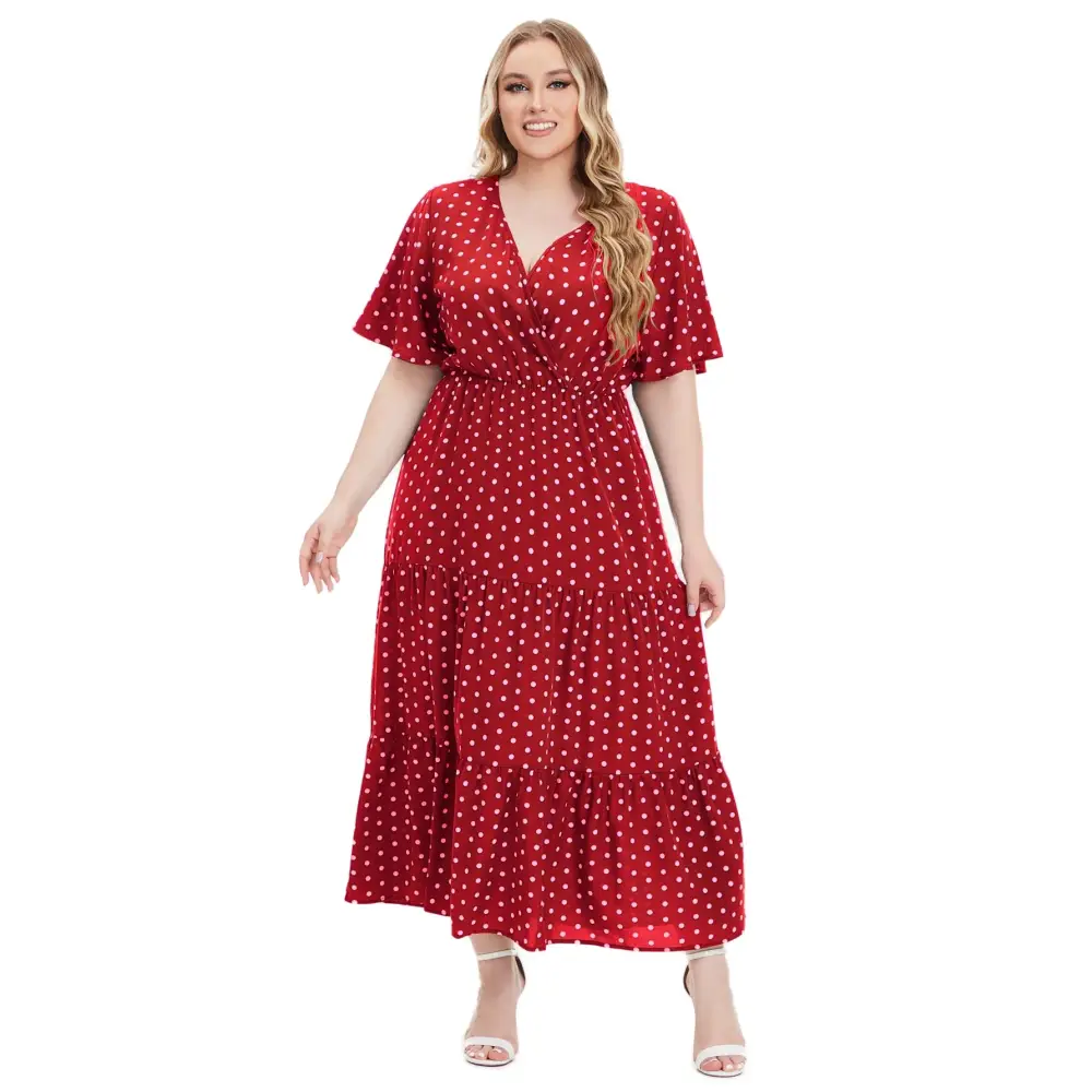 Plus Size Polka Dot Boho Maxi Dress - V-Neck & Short Sleeve