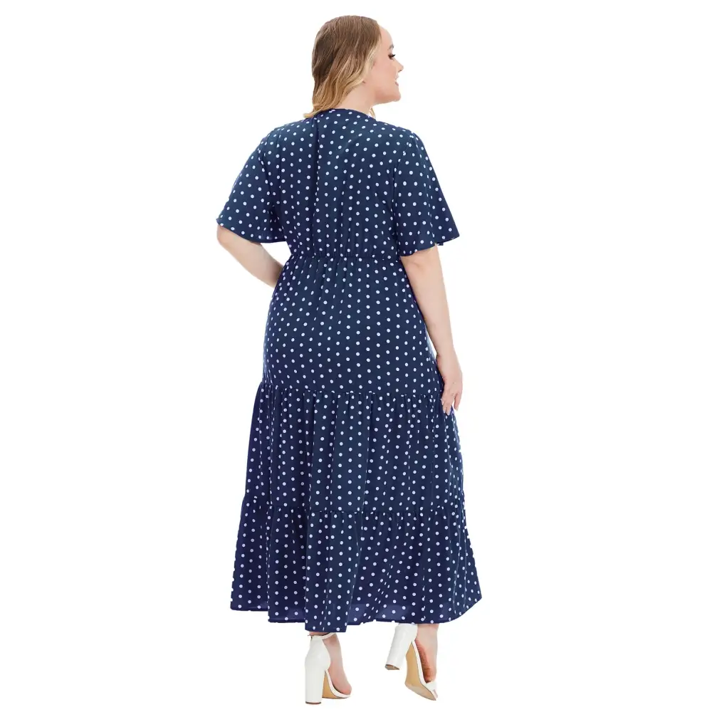 Plus Size Polka Dot Boho Maxi Dress - V-Neck & Short Sleeve