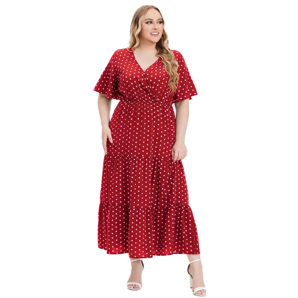 Plus Size Polka Dot Boho Maxi Dress - V-Neck & Short Sleeve