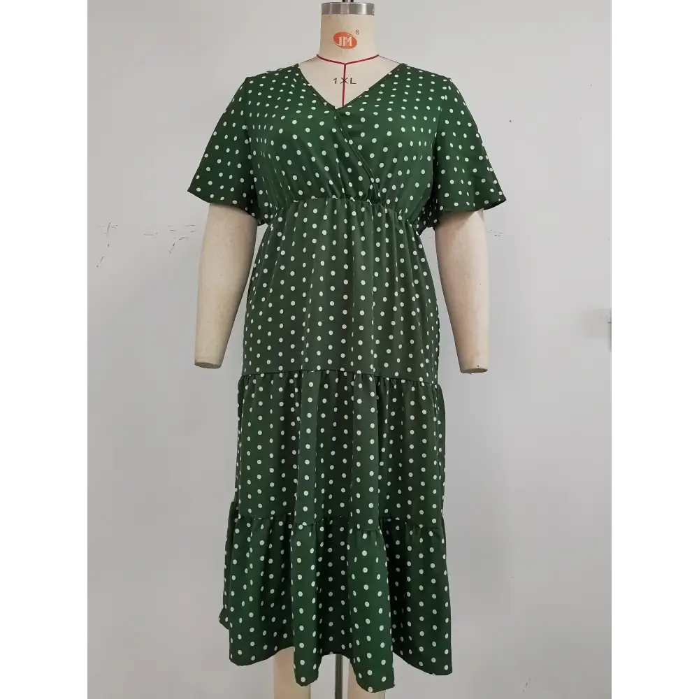 Plus Size Polka Dot Boho Maxi Dress - V-Neck & Short Sleeve