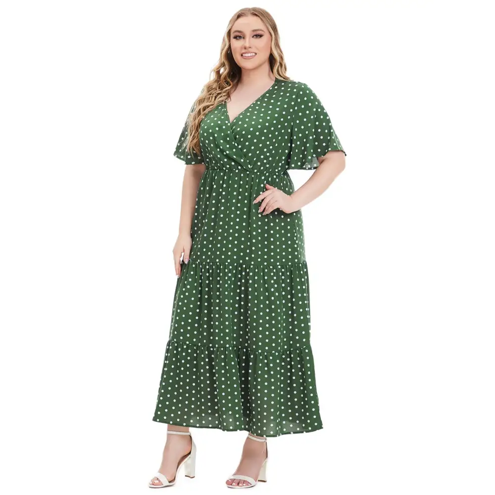 Plus Size Polka Dot Boho Maxi Dress - V-Neck & Short Sleeve