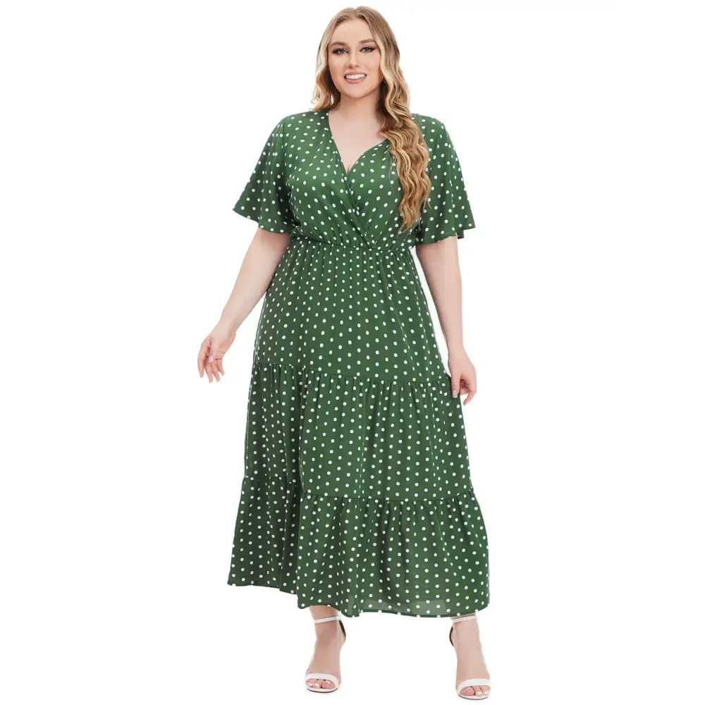 Plus Size Polka Dot Boho Maxi Dress - V-Neck & Short Sleeve