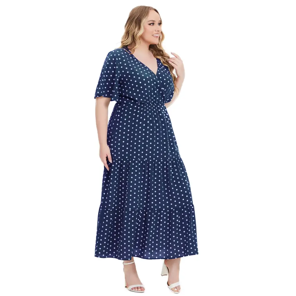 Plus Size Polka Dot Boho Maxi Dress - V-Neck & Short Sleeve
