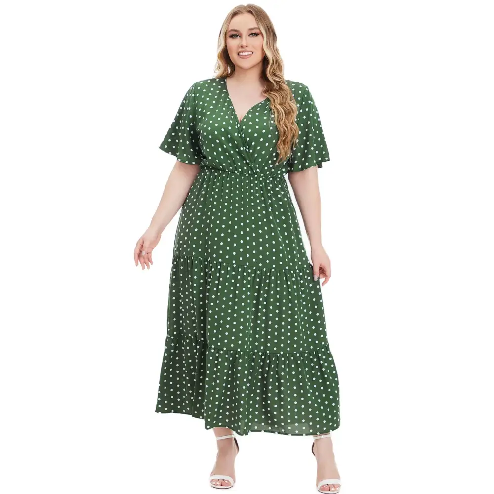 Plus Size Polka Dot Boho Maxi Dress - V-Neck & Short Sleeve