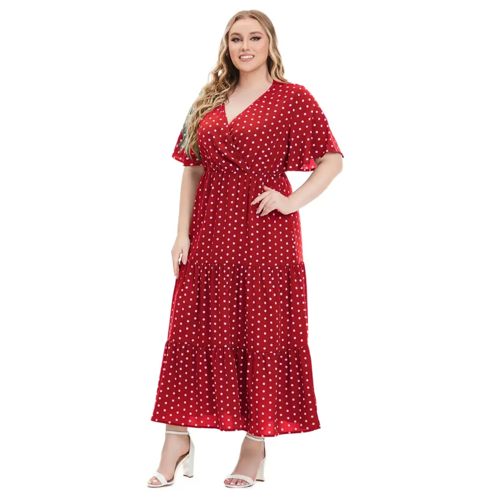 Plus Size Polka Dot Boho Maxi Dress - V-Neck & Short Sleeve