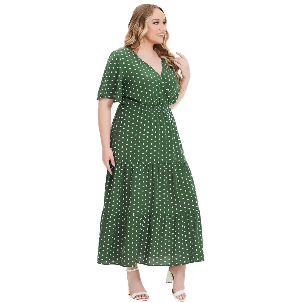 Plus Size Polka Dot Boho Maxi Dress - V-Neck & Short Sleeve