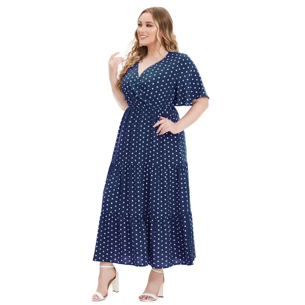 Plus Size Polka Dot Boho Maxi Dress - V-Neck & Short Sleeve