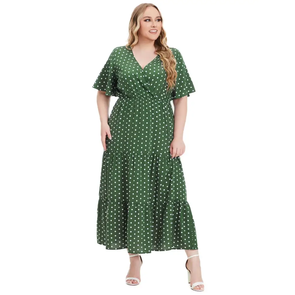 Plus Size Polka Dot Boho Maxi Dress - V-Neck & Short Sleeve