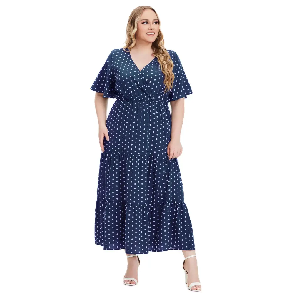 Plus Size Polka Dot Boho Maxi Dress - V-Neck & Short Sleeve