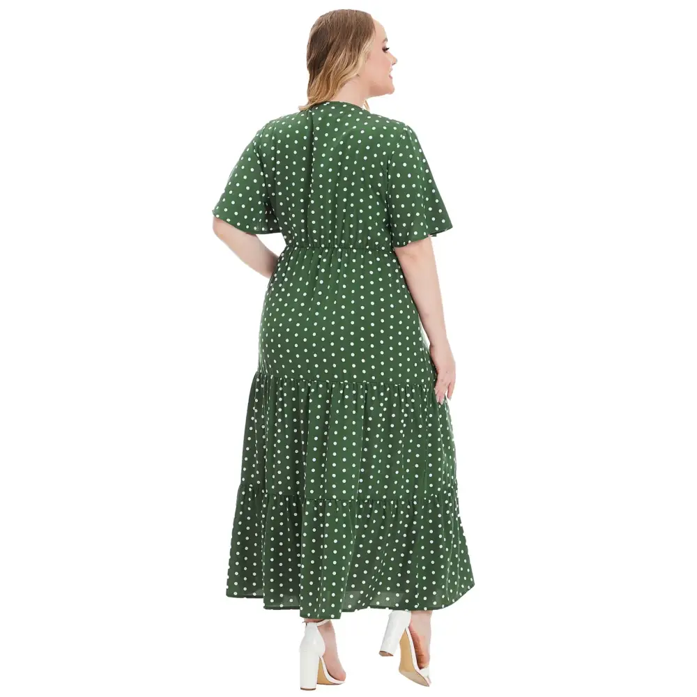 Plus Size Polka Dot Boho Maxi Dress - V-Neck & Short Sleeve