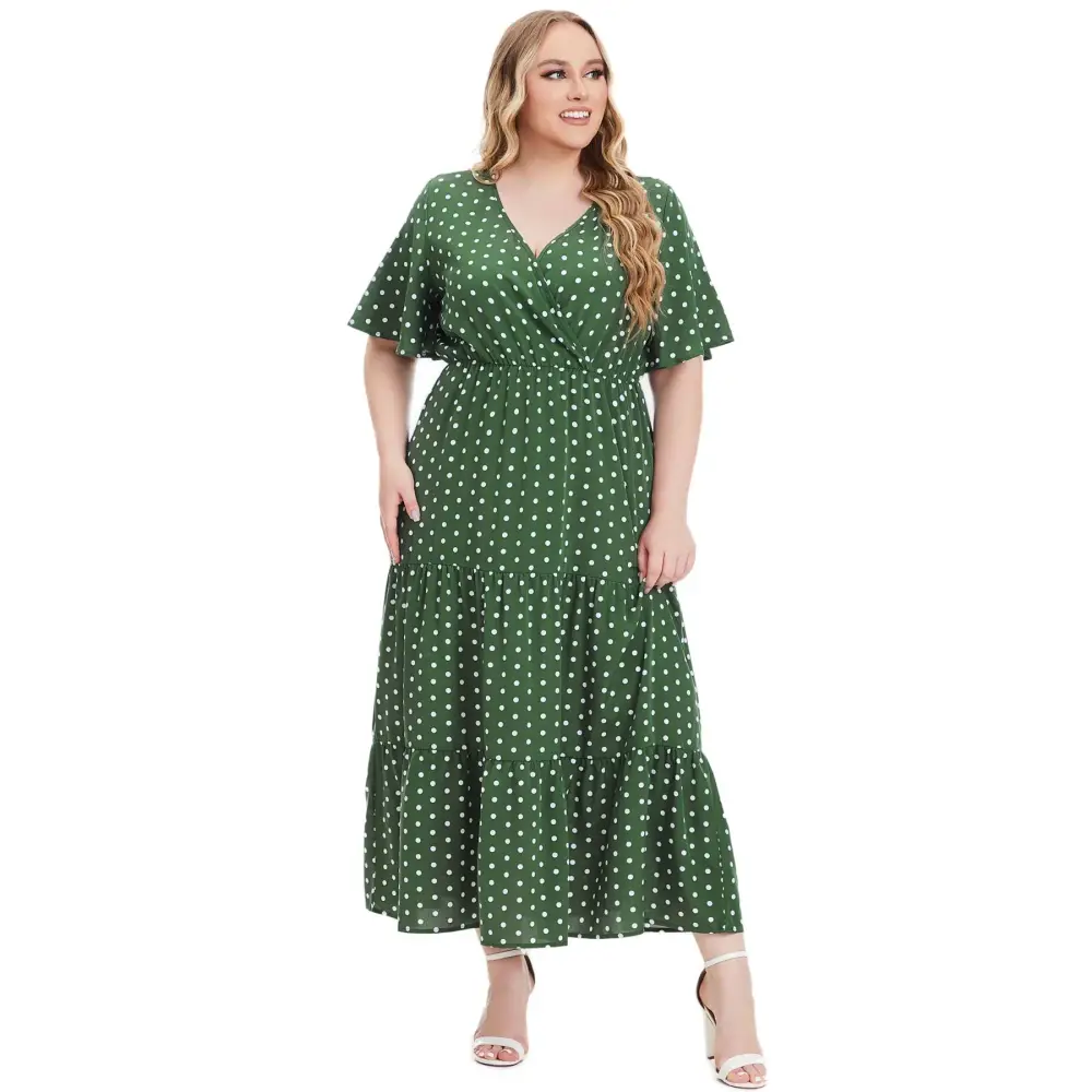 Plus Size Polka Dot Boho Maxi Dress - V-Neck & Short Sleeve