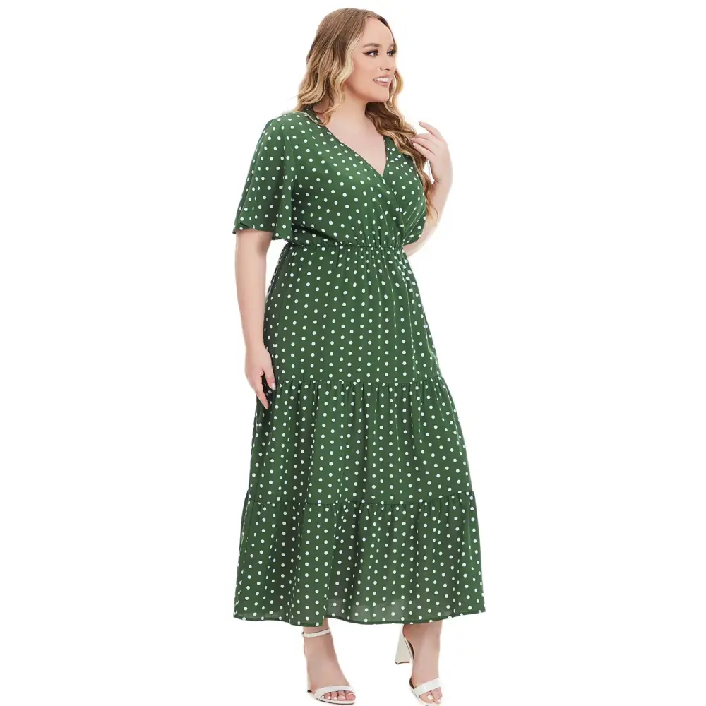 Plus Size Polka Dot Boho Maxi Dress - V-Neck & Short Sleeve