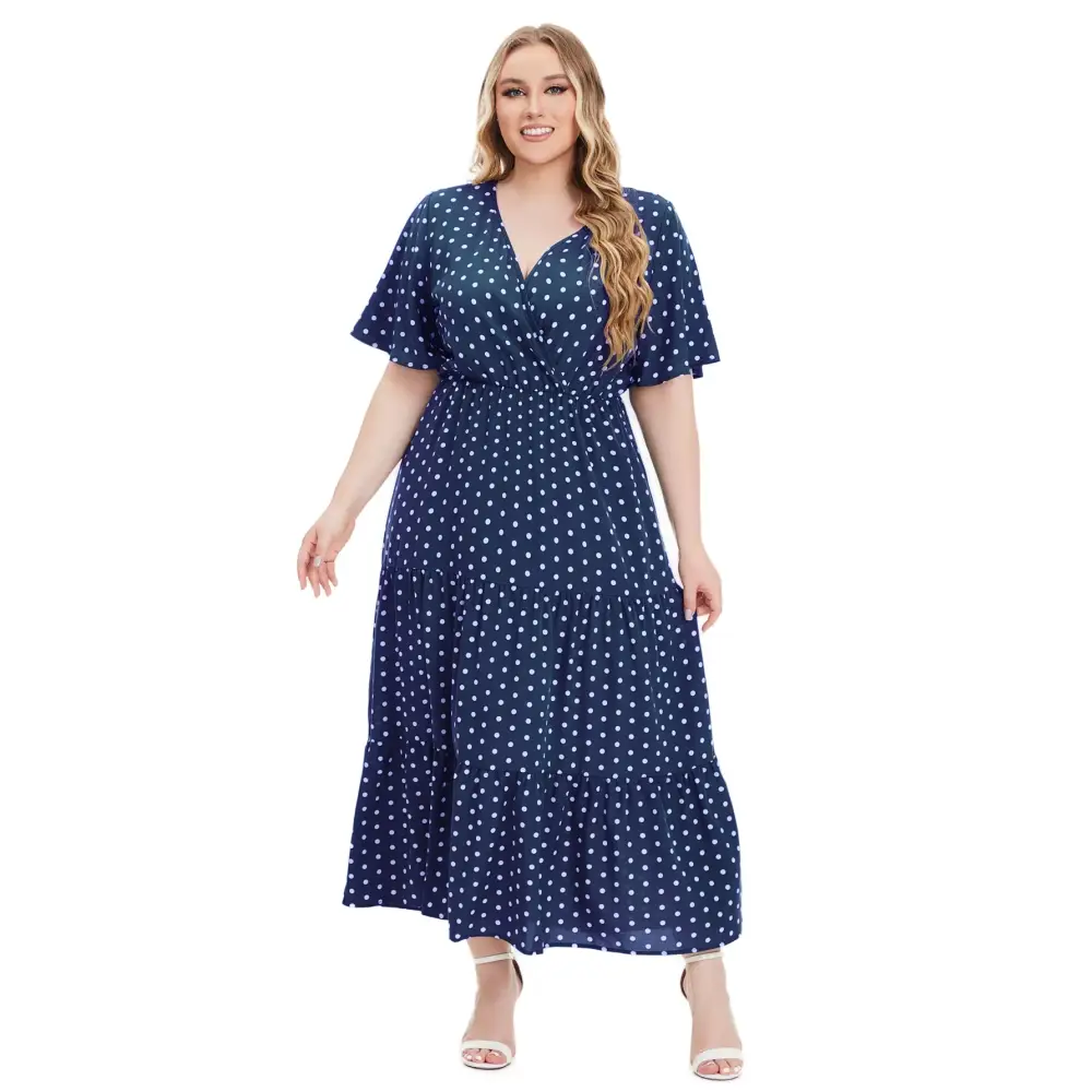 Plus Size Polka Dot Boho Maxi Dress - V-Neck & Short Sleeve