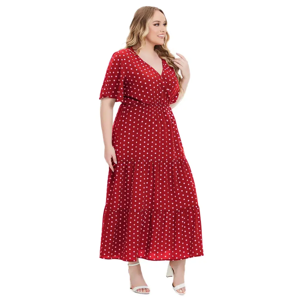 Plus Size Polka Dot Boho Maxi Dress - V-Neck & Short Sleeve