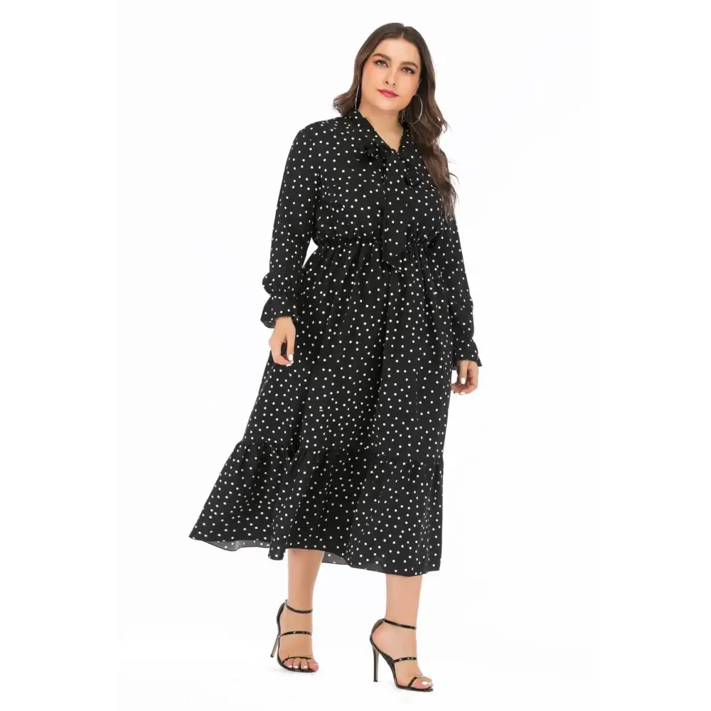Plus Size Polka Dot Shirt Dress - Bow Tie & Long Sleeve