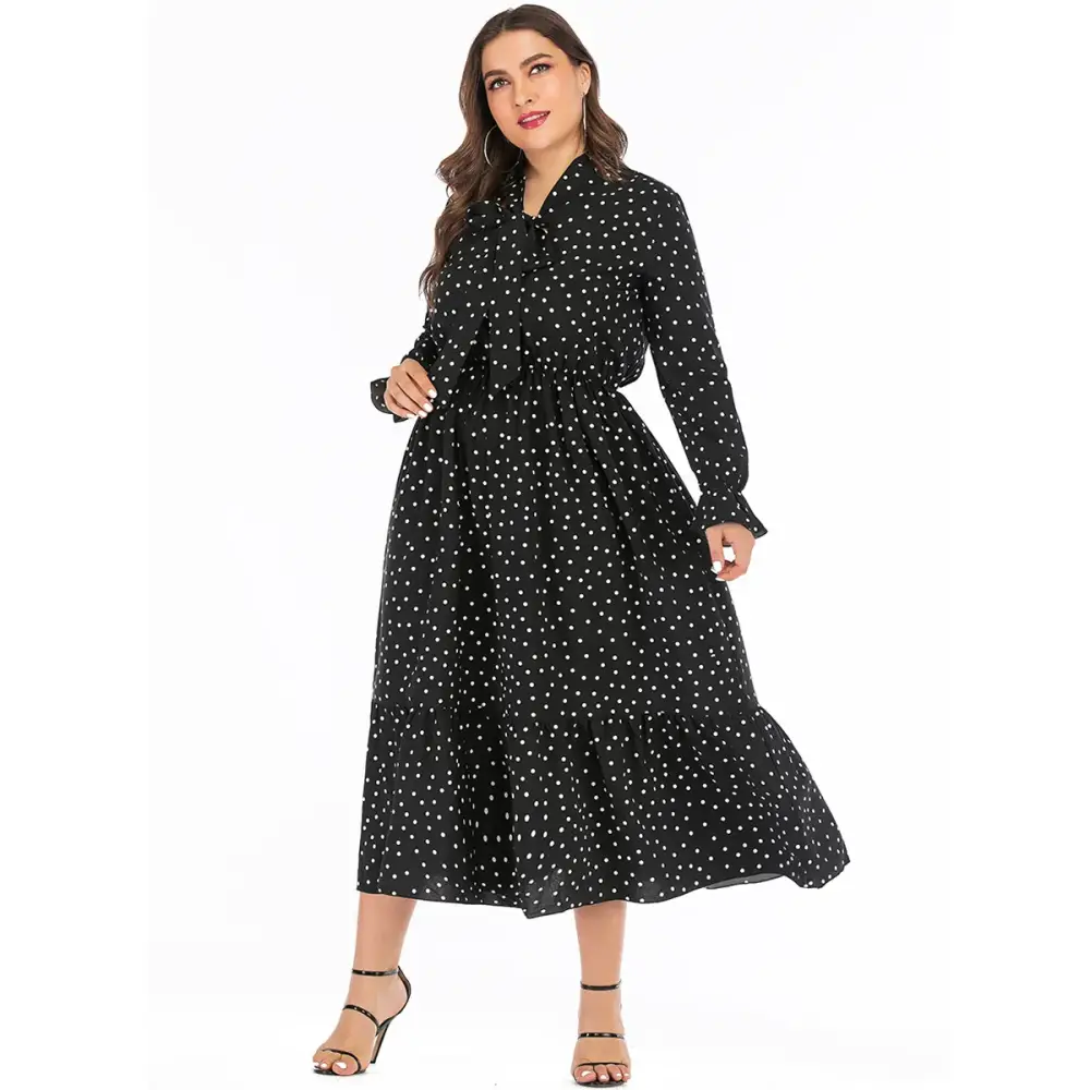 Plus Size Polka Dot Shirt Dress - Bow Tie & Long Sleeve