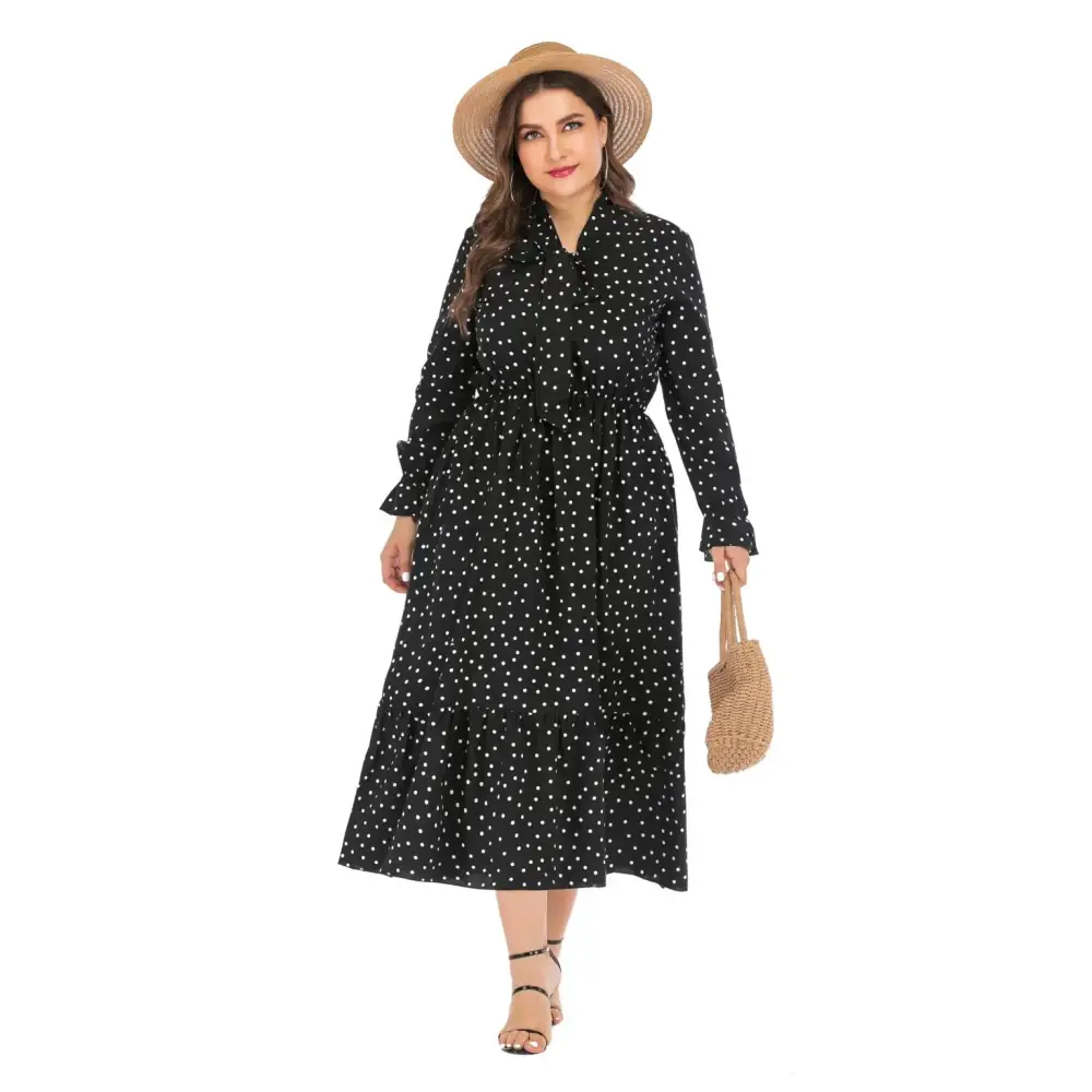 Plus Size Polka Dot Shirt Dress - Bow Tie & Long Sleeve