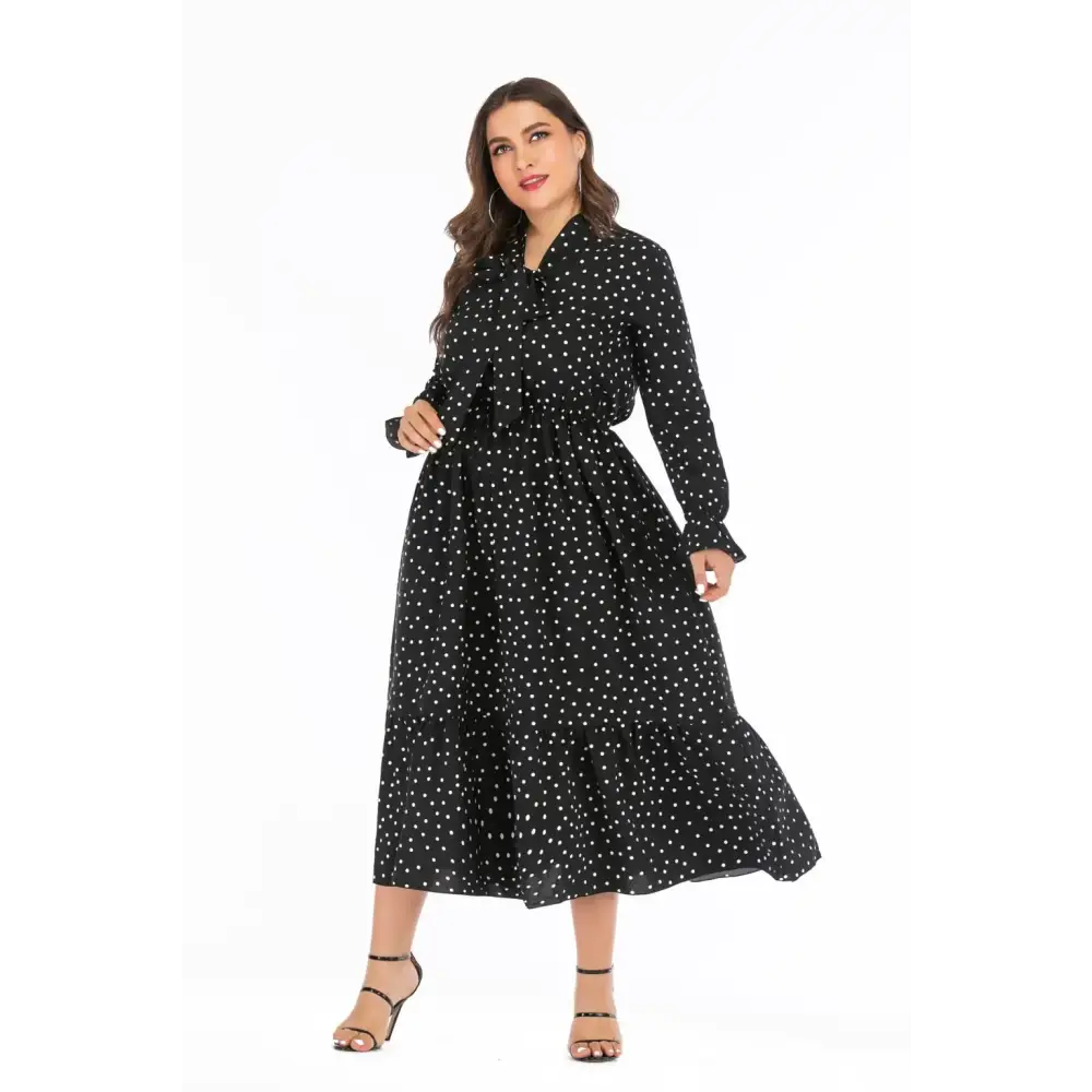 Plus Size Polka Dot Shirt Dress - Bow Tie & Long Sleeve
