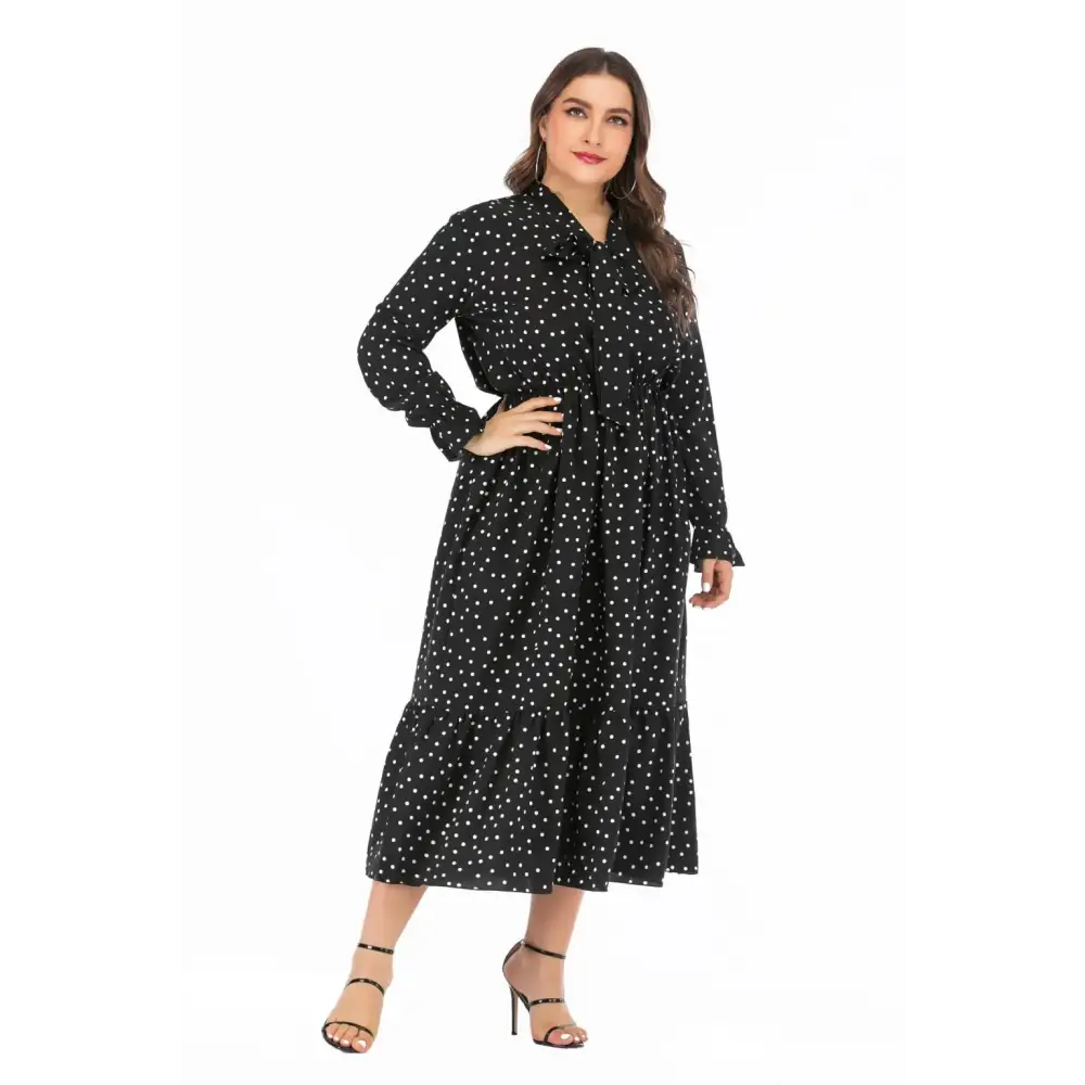 Plus Size Polka Dot Shirt Dress - Bow Tie & Long Sleeve