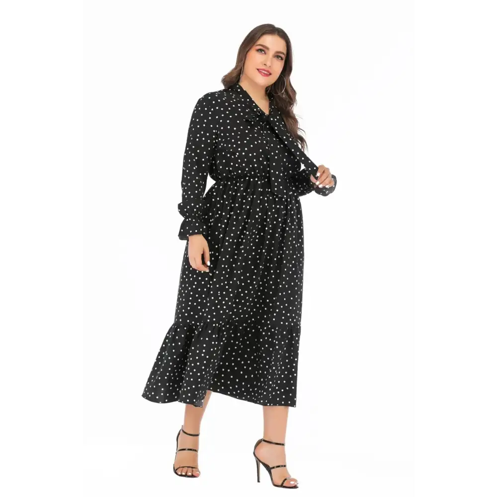 Plus Size Polka Dot Shirt Dress - Bow Tie & Long Sleeve